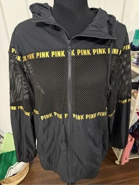 PINK Victoria's Secret Black Mesh Utility Jacket with Yellow Logo Trim